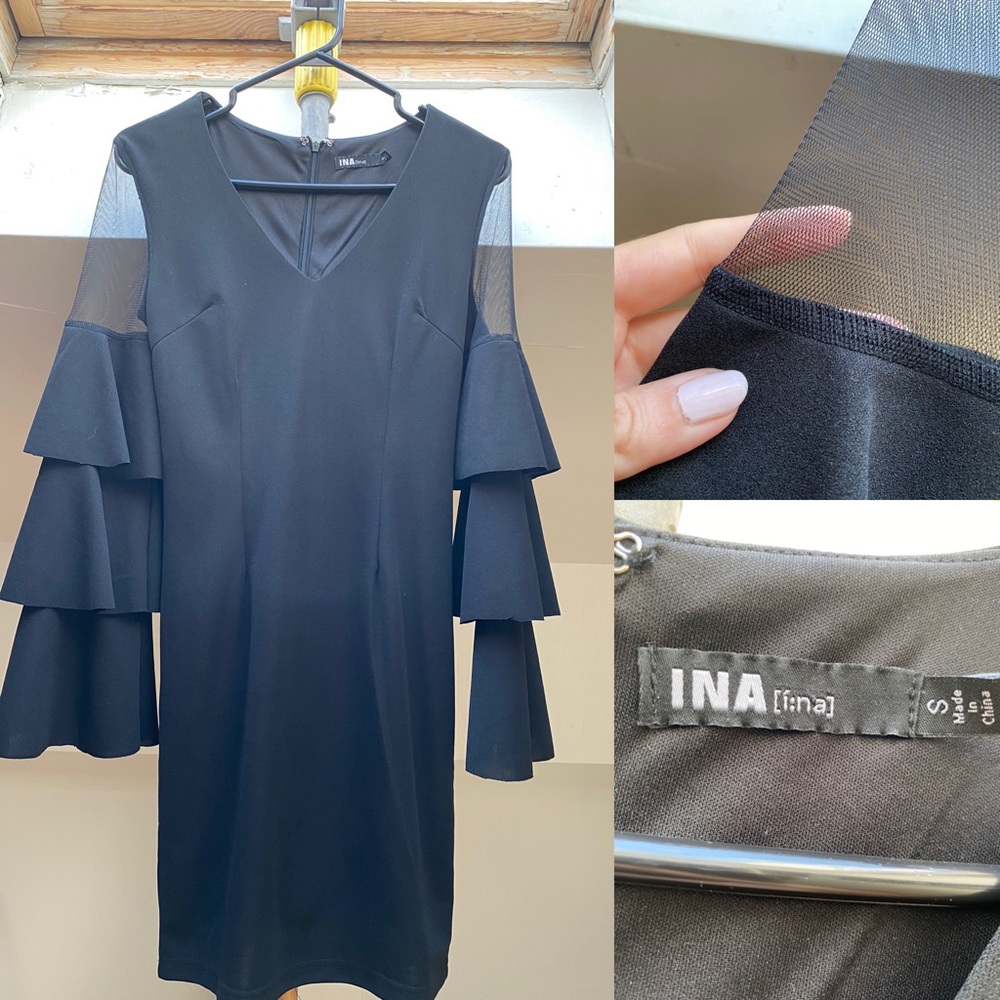 Formal black dress with mesh detail sleeves